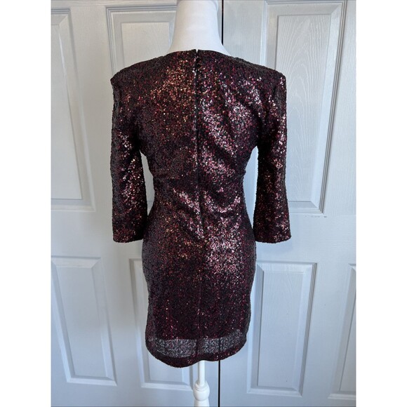 Express Sequin Minidress 8 VNeck 3/4 Sleeve Lined Black Cherry Sparkle Hoco Prom - Picture 4 of 9